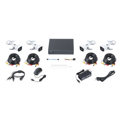 [208341] KIT TurboHD 1080p / DVR 4 canales / 4 Cámaras Bala de Metal / H.265+ / 1 Fuente de Poder Profesional / Accesorios de Instalación
