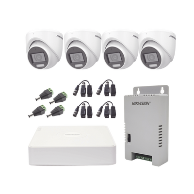 [214369] KIT TurboHD 1080p / DVR 4 Canales con audio por coaxitron / 4 Cámaras con Micrófono y  106° Visión/  luz blanca + IR visión nocturna  / Transceptores / Conectores / Fuente de Poder Profesional