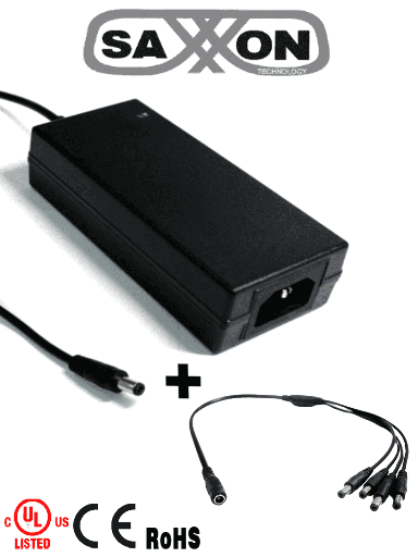 [TVN083045] SAXXON PSU1205DPAQD - Paquete de Fuente de Poder de 12 Vcc 5 Amperes + Divisor para 4 Camaras/ Ideal Para Equipos de Alto Consumo/ Para Usos Multiples: Sistemas de CCTV, Acceso, Asistencia, etc/ Certificación UL/