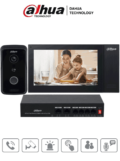 [DHT2210009] DAHUA KITKTP02 -V2 - Kit de Videoportero IP/ Monitor de 7 Pulgadas con Memoria Embebida de 8 GB/ 6&1 E&S de Alarma/ Frente de Calle IP65/ Apertura Remota/ Soporta Apertura Remota y con Tarjetas Mifare (IC Card)/ Switch de 4 Puertos PoE 10/100/ #LoNuevo