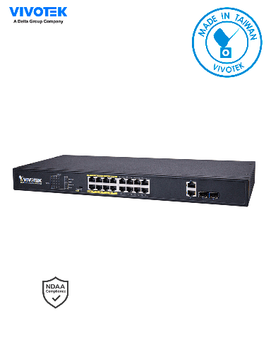 [VIV1850003] VIVOTEK AW-FGT-180D-250 - Switch PoE no administrable/ 16 puertos PoE FE RJ45/ 2 puertos Combo GE RJ45,SFP/ 30W por puerto/ 250W totales/ 8 puertos Modo Extendido hasta 250mts/ 7.2 Gbps/ Protección 6KV