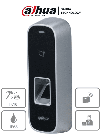[DHT0680002] DAHUA ASI1202M-D- Control de Acceso Antivandálico para Exterior/ 3,000 Huellas/ 30,000 Tarjetas ID/ 150,000 Registros/ Metálico/ TCP/IP/ Protección IK10 e IP65/ E&S de Alarma/ RS-485 y Wiegand/ Soporta Lectora Adicional/ 