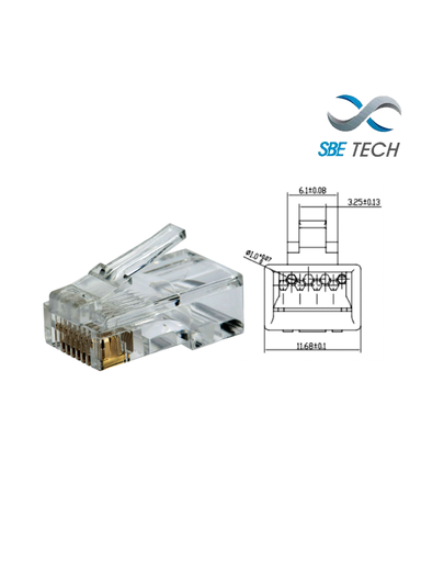 [SBT1610005] SBETECH PLUGRJ45C6 - Conector plug RJ45 para cable UTP CAT 6 con recubrimiento de oro de 50 micras, paquete de 50 piezas