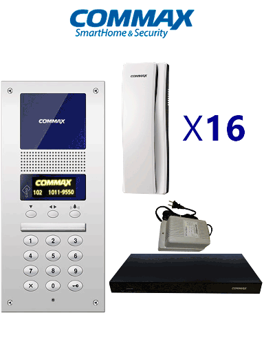 [cmx2420005] COMMAX AUDIOGATE16PAK - Paquete de Audioportero departamental sistema Audiogate con apertura de puerta, incluye frente de calle DR2AG, 16 auriculares, distribuidor de 16 posiciones y fuente de 24VDC/ Soporta Estación de guardia/ #Audiogate