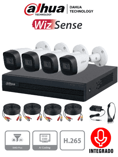 [DHT0250011] DAHUA KITXVR1B04-I+HFW1200CMA -  Kit de 4 canales con cámaras de 2MP y audio. Incluye DVR Cooper-I WizSense con IA y H.265+, 4 cámaras metálicas con micrófono integrado, 4 canales más 1 IP o hasta 5 canales IP, 4 canales SMD Plus y accesorios incluidos