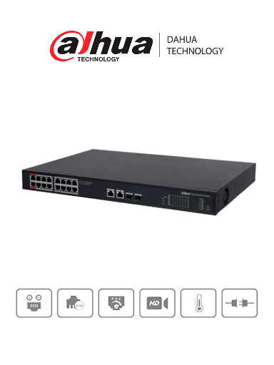 [DHT1850006] DAHUA PFS3220-16GT-190 - Switch Poe de 16 Puertos Gigabit/ Poe Inteligente/ Puerto Rojo de 90W/ 190 Watts Totales/ 2 Puertos SFP Opticos/ Protocolos Poe:IEEE802.3af, IEEE802.3at, Hi-PoE, IEEE802.3bt/ Switching 52 Gbps/ Protección de Descargas/  