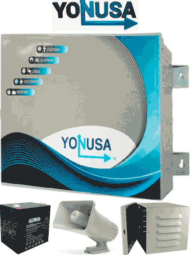 [YON1250016] YONUSA EY10000127AFBAT - Paquete de energizador anti plantas o alta frecuencia de 10,00V con hasta 10,000 mts lineales, incluye batería de respaldo de 12VDC a 4.5 AH, sirena de 30W y gabinete metálico 