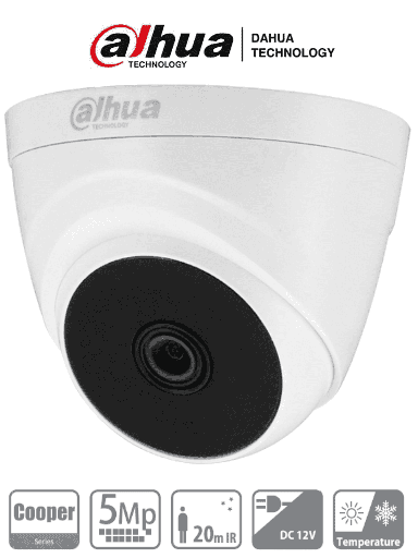 [DHT0300031] DAHUA HAC-T1A51N-0280B-S2 - Cámara Domo de 5MP con lente de 2.8mm y ángulo de 106°. Ofrece visión nocturna IR hasta 20m, ideal para interiores. Compatible con HDCVI, AHD, TVI y CVBS #HDCVI9.0 #5MP