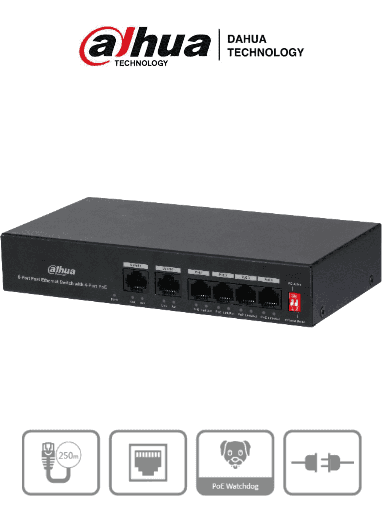 [DHT1850008] DAHUA PFS3006-4ET-36 - Switch PoE de 6 Puertos Fast Ethernet/4 Puertos PoE 10/100/ 2 Puertos uplink 10/100/ 36 Watts Totales/ Switching 1.2 Gbps/ Tasa de Reenvio de Paquetes .89 Mbps/ con Protección de Descargas #SwitchD1