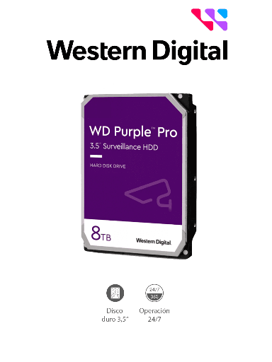 [WDC1490009] WESTERN WD8001PURP - Disco Duro de 8TB Purple PRO/ Especial para Videovigilancia con IA/ Tecnología IA AllFrame/ Interface: Sata 6 Gb/s/ Cache 256 MB/ Hasta 64 Cámaras/ 32 Secuencias de IA para Análisis de Aprendizaje Profundo/ 