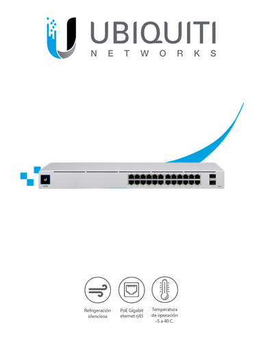 [UBI1850007] UBIQUITI USW-24-POE UniFi Switch Gen2, Capa 2 de 24 puertos (16 puertos PoE 802.3af/at + 8 puertos Gigabit) + 2 puertos 1G SFP, 95W, pantalla informativa