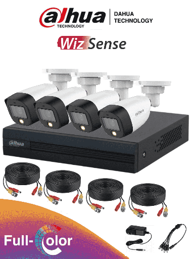 [DHT0250017] DAHUA FULLCOLORKIT- Kit de 4 Canales Full Color de 2 MP/ DVR Cooper-I WizSense/ Con IA/ H.265+/ 4 Camaras Full Color de 2 Megapixeles/ 4 Ch + 1 IP o Hasta 5 Ch IP/ 4 Ch SMD Plus/ Busqueda de Humanos y Vehiculos/ Accesorios Incluidos