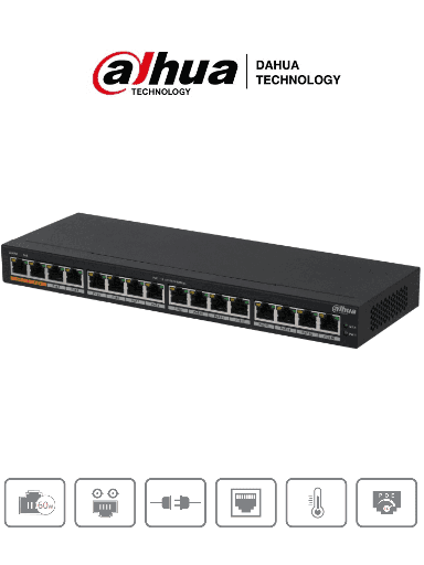 [DHT1850012] DAHUA DH-PFS3016-16GT-190 - Switch Poe Gigabit de 16 Puertos PoE Gigabit/ 190 Watts Totales/ Los 2 Puertos Naranjas Soportan Hi-PoE Estandar/ Switching 32 Gbps/ Tasa de Reenvio de paquetes 23.808 Mbps/ Protección Contra Descargas/ 