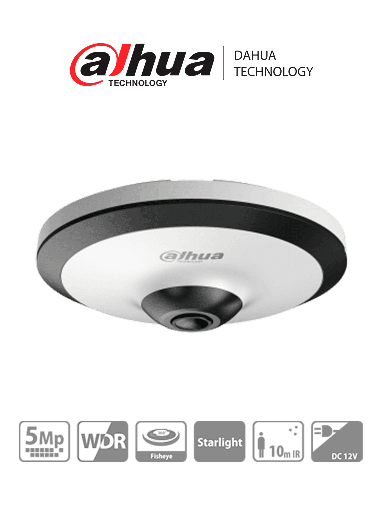 [DHT0300037] DH-HAC-EW2501N - Cámara Fisheye HDCVI 5 MP, visión 360°, IR 10 m, WDR real 120dB, micrófono integrado. Ideal para uso interior con tecnología Starlight para baja luz y reducción de ruido 2D/3D. Ofrece vigilancia detallada y nítida en todas condiciones.