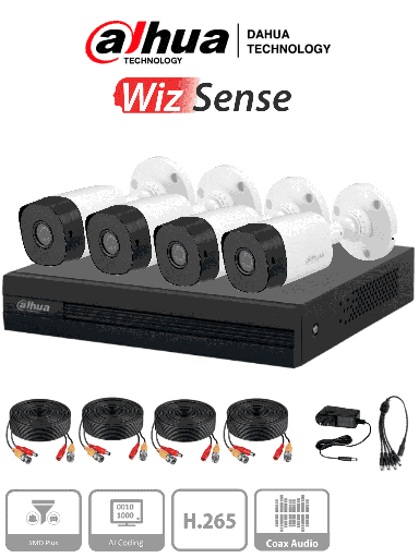 [DHT0250019] DAHUA KITXVR1B04-I1MP-2.8 es un kit de 4 canales con cámaras B1A11 de 1 megapíxel, lente de 2.8mm y ángulo de visión 93°. Soporta 4 canales más 1 IP o hasta 5 canales IP, tecnología SMD Plus, búsqueda de humanos y vehículos #WizSense #TopDahua #HSDPP