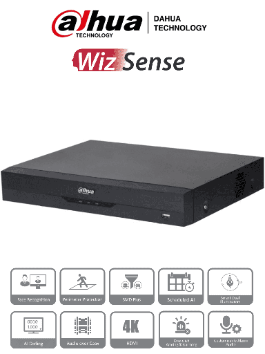 [DHT0370033] DAHUA XVR5116H-4KL-I3 - DVR de 16 Canales 4k/ 8 Megapixeles/ WizSense/ IA/ H.265+/ 16 Canales + 16 IP/ Hasta 32 Ch IP/ 2 Canales de Reconocimiento Facial/ SDM Plus/ Codificación con IA/ 1 Bahía de Disco Duro/ Funciones IoT & POS/