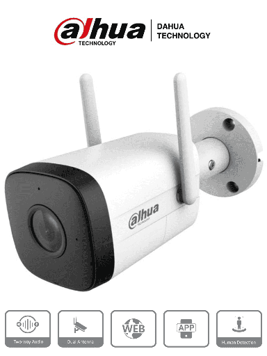 [DHT0030068] DAHUA IPC-HFW1230DT-STW  - Camara IP Bullet Wifi de 2 Megapixeles/ Lente de 2.8 mm/ 100 Grados de Apertura/ IR de 30 Metros/ H.265/ Microfono y Altavoz Integrados/ Ranura MicroSD/ IP67/ Detección de Humanos/ 