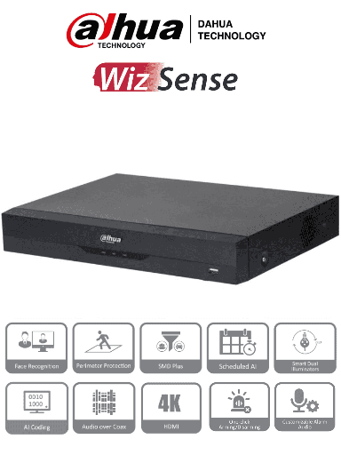 [DHT0370034] DAHUA XVR5116HE-4KL-I3 - DVR 16 Canales 4K con IA, WizSense, H.265+, 16 Canales HDCVI+IP (32 Ch máx.), Reconocimiento Facial, SMD Plus, Protección Perimetral, 16&3 E&S Alarma, 1 Puerto SATA.