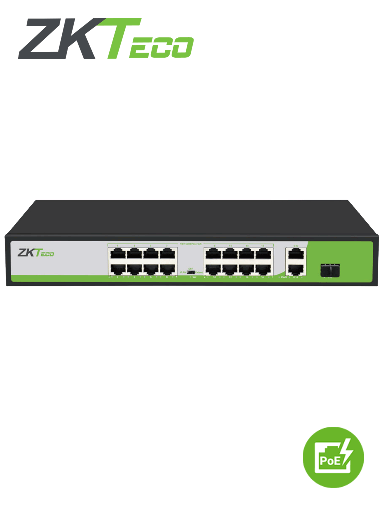[ZKT1850003] ZKTECO PE162200C - Switch de 16 Puertos Fast Ethernet PoE AF - AT / 2 Puertos RJ45 10/100/1000M + 1 Puerto SFP 1G / Soporta hasta 250 mts sobre UTP CAT 6 / Autoadaptación MDI - MDIX / Protección Contra Descargas