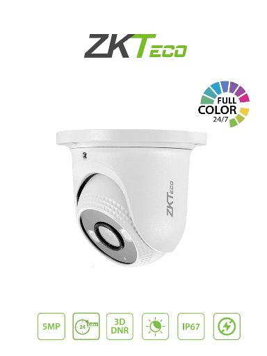 [ZKT0040002] ZKTECO ES855P11CS7CMI- Cámara IP Domo Full Color 5 Megapíxeles /  Compresión H.265 / Lente 2.8 mm / Alcance IR 20mts / Detección Facial / Micrófono Integrado / Carcasa metálica / PoE /  IP67 / P2P 