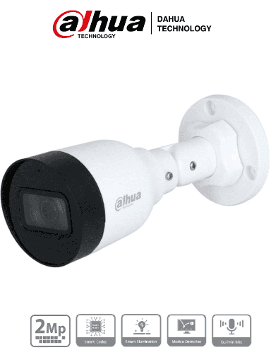 [DHT0030219] Dahua IPC-HFW1230S1-A-S5-Cámara IP Bullet de 2MP, lente de 2.8mm, ángulo de visión de 102 grados, micrófono integrado, compresión H.265+, IR de 30m, protección IP67, PoE, DWDR.