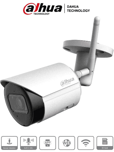 [DHT0030071] DAHUA IPC-HFW1430DS-SAW  - Camara IP Bullet Wifi de 4 Megapixeles/ Lente de 2.8mm/ 90 Grados de Apertura/ H.265+/ IR de 30 Metros/ Microfono Integrado/ Ranura para MicroSD/ Metalica/  IP67/ DWDR/ Videoanaliticos con SMD/
