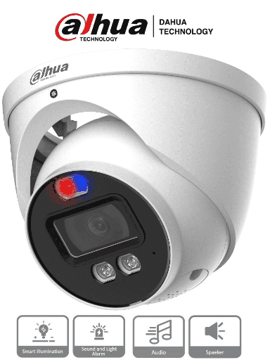 [DHT0040070] Dahua HAC-ME1239HN-A-PV - Cámara Domo TiOC de 2 Megapixeles/ Disuasion Activa Luz Roja y Azul/  Lente de 3.6 mm/ Super Adapt/ Microfono y Altavoz Integrados/ 40 Metros de Iluminación (IR y Cálida)/ Metalica/ IP67/