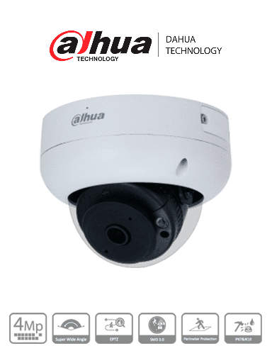 [DHT0030082] DAHUA IPC-HDBW3441R-AS-P - Cámara IP Domo Antivandálica Resolución de 4 MP/ Lente 2.1 mm/ ∢ 180°/ IR 15 mts/ IA WizSense/ Det. de Mov. Inteligente/ Protección Perimetral / Starlight / PoE / WDR / H.265+ / IP67 / IK10 / Micrófono / E&S Alarma