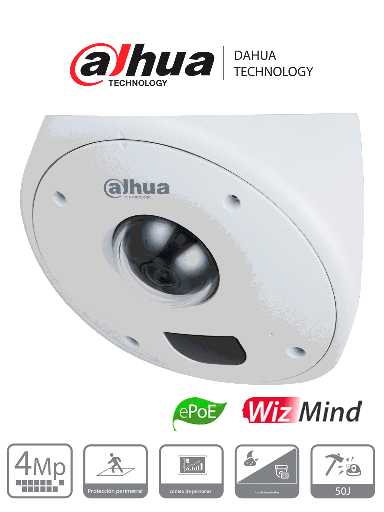 [DHT0040072] DAHUA IPC-HCBW8442 - Domo IP de 4 MP para Montaje en Esquinas/ Lente de 2.5 mm/  135°/ IR de 10 Metros/ Antivandálico/ Protección Perimetral/ Conteo de Personas/ Mapa de Calor/ IP67 e IK10+ (50J)/ PoE/ E&S de Alarma/ E&S de Audio /