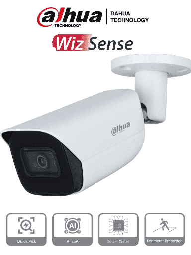 [DHT0030089] DAHUA IPC-HFW3441E-AS-S2 - Camara IP Bullet de 4 Megapíxeles con IA/ WizSense/ Lente de 2.8mm/ 107 Grados de Apertura/ Microfono Integrado/ IR de 50 Metros/ 1 E&S de Alarmas y Audio/ SMD 4.0/ AI SSA/ Ranura MicroSD/ IP67/ PoE/ WDR Real/ 