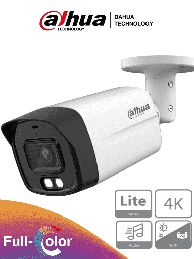 [DHT0290061] DAHUA HAC-HFW1809TLM-A-LED - Camara Bullet 4k Full Color/ 8 Megapixeles/ Lente de 2.8mm/ 106 Grados de Apertura/ Microfono Integrado/ 40 Metros de Iluminación/ Super Adapt/ WDR de 120 dB/ IP67/ Soporta: CVI/CVBS/AHD/TVI/ 