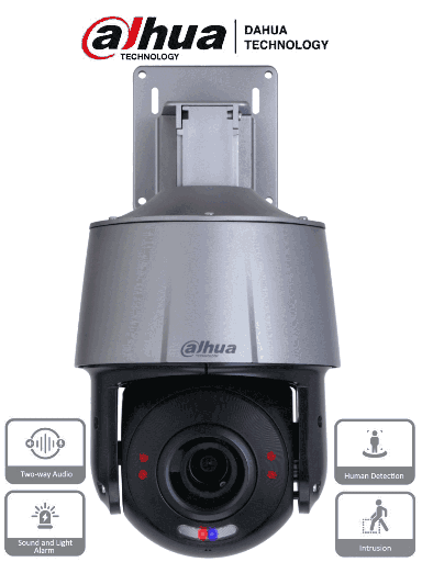 [DHT0060042] DAHUA SD3A405-GN-PV1 - PTZ IP DE 4 Megapixeles con 5x de Zoom Optico/ Disuasión Activa con Estrobo de Luz Roja y Azul/ H.265/ IR de 30 Metros/ Micrófono y Altavoz Integrado/ Audio 2 Vías/ IVS/ Ranura para MicroSD/ IP66/ PoE/