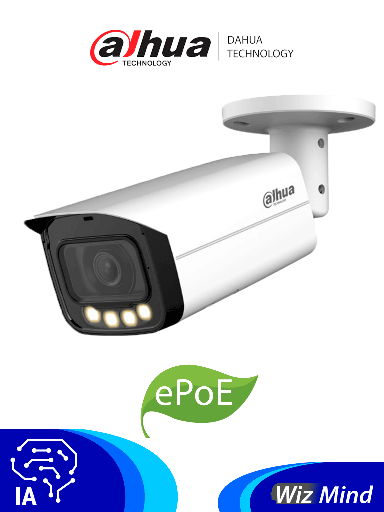 [DHT0030162] DAHUA DH-IPC-HFW5449T-ASE-LED - Cámara IP Bullet Full Color de 4 Megapixeles/ Lente de 2.8 mm/ 60 Metros de Iluminación/  Micrófono Integrado/ Detección Facial/ Conteo de Personas/ Protección Perimetral/ ePoE/ IP67/ E&S de Alarma/ Ranura para Micro SD