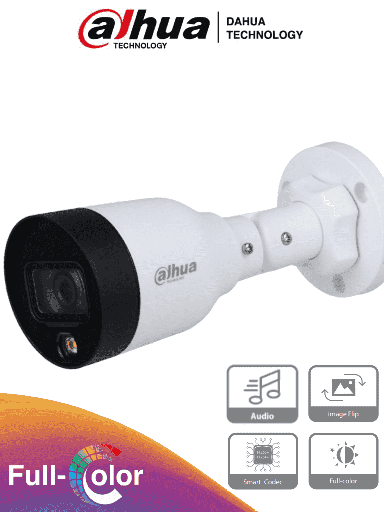 [DHT0290074] DAHUA IPC-HFW1239S1-A-LED-S5 - Camara IP Bullet Full Color de 2 Megapixeles/ Lente de 2.8mm/ 102 Grados de Apertura/ Microfono Integrado/ H.265+/ 15 Metros de Luz Visible/ IP67/ PoE/ DWDR/