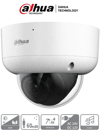[DHT0300056] DAHUA HAC-HDBW1801RAN-Z-A - Cámara Domo 4k Antivandalica/ 8 Megapixeles/ Lente Motorizado de 2.7 a 13.5 mm/ 60 Mts de IR/ Metalica/ Microfono Integrado/ WDR Real de 120 dB/ IP67/ IK10