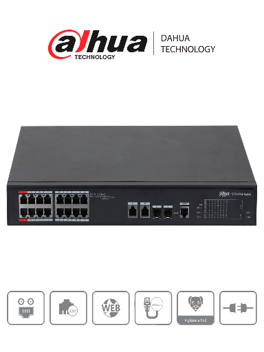 [DHT3720006] DAHUA DH-PFS4218-16ET-240  - Switch  PoE Administrable de 16 Puertos Ethernet/ 16 Puertos PoE/ 240 Watts Totales/ Interfaz Web/ Puerto 1 y 2 Soportan 90 Watts/ 2 Puertos SFP/ 2 Puertos Uplink/ PoE Watchdog/ Switching 8.8 Gbps/ 