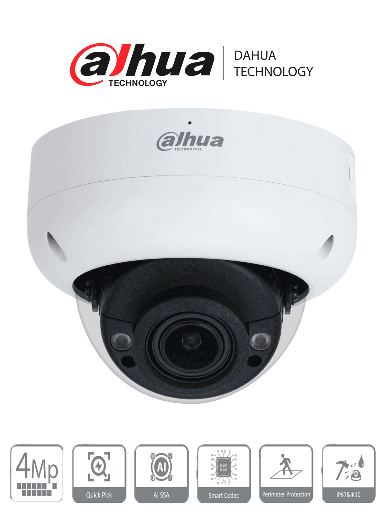 [DHT0030106] DAHUA DH-IPC-HDBW3441R-ZS-S2  - Cámara IP Domo Antivandálica 4 MP con lente motorizado 2.7-13.5mm e IR 40m,  cuenta con IA WizSense, Detección de Movimiento Inteligente, Protección Perimetral, Starlight, PoE, WDR, H.265+ y protección IP67 e IK10.