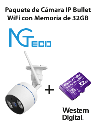 [ZKT0150002] NGTECO NGC501PAK - Paquete de Cámara NGC501 IP Bullet WiFi 1080P con Memoria de 32GB Micro SDHC/ Linea Purple/ Clase 10 U1