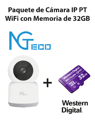 [ZKT0150005] NGTECO NGC2401PAK - Paquete de Cámara NGC2401 IP PT WiFi 1080P con Memoria de 32GB Micro SDHC/ Linea Purple/ Clase 10 U1