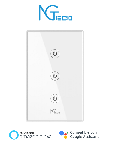 [ZKT1320003] NGTECO NGS103 - Apagador Inteligente WiFi 3 Botones Touch / Control Remoto vía App / Control por Voz / Temporizador / Panel Táctil de Alta Sensibilidad / WiFI 2.4 GHz / Se requiere Cable Neutro / Compatible con Alexa y Asistente de Google 