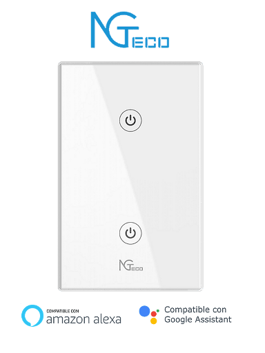 [ZKT1320004] NGTECO NGS102 - Apagador Inteligente WiFi 2 Botones Touch / Control Remoto vía App / Control por Voz / Temporizador / Panel Táctil de Alta Sensibilidad / WiFI 2.4 GHz / Se requiere Cable Neutro / Compatible con Alexa y Asistente de Google 