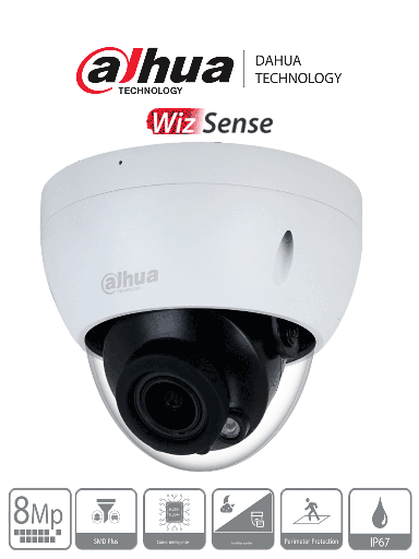 [DHT0030107] DAHUA DH-IPC-HDBW2841R-ZS - Cámara IP Domo Antivandalica Resolución de 8 MP/ Lente Mot. 2.7 a 13.5mm/ IR 40 mts/ IA WizSense/ Detección de Movimiento Inteligente/ Protección Perimetral/ Starlight/ PoE/ WDR/ H.265+/ IP67/ IK10/ 