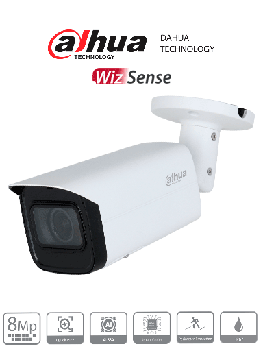 [DHT0030118] DAHUA IPC-HFW3841T-ZAS-S2 Cámara IP Bullet 4K Resolución de 8 MP vari focal/ Lente Mot. 2.7 mm–13.5 mm/ ∢ 109°/ IR 60 mts/ IA WizSense/ Detección de Movimiento Inteligente/ Protección Perimetral/ PoE/ WDR/ H.265+/ IP67/ E&S Alarma y Audio