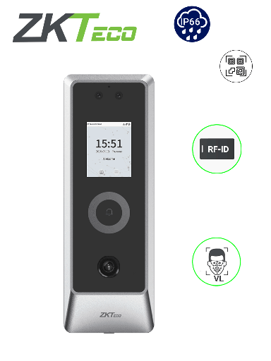 [ZKT0810070] ZKTECO PROMAQR - Control de Acceso Facial / QR / Exterior IP66 / Antivandalico IK07 / Standalone / 30,000 Rostros / 50,000 Tarjetas RFID / Pantalla TFT 2.0 Pulgadas / WIEGAND / RS-485 / Aluminio / De 30 °C a 65 °C