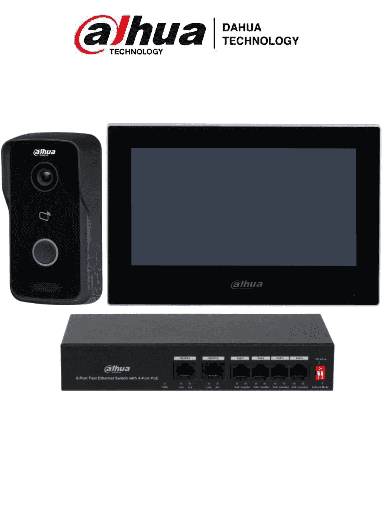 [DHT2400010] DAHUA KTP03-V2 - Kit de Videportero IP/ Monitor de 7 Pulgadas. Frente de Calle y Switch PoE/ 6&1 E&S de Alarma/ Frente de Calle IP65/ IR/ Apertura Remota / Switch de 4 Puertos PoE 10/100/ 2 Puertos Uplink/ Controla 1 Puerta/