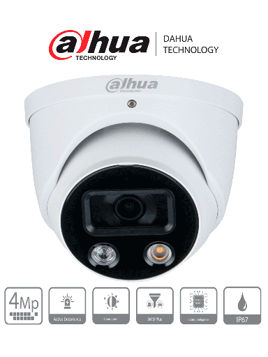[DHT0040093] DAHUA DH-IPC-HDW3449H-AS-PV - Camara IP Domo TiOC de 4 Megapixeles/ WizSense/ Lente de 2.8 mm/ Angulo de 101 Grados/ Iluminador Dual/ Sirena/ Estrobo Azul y Rojo/ SMD 4.0/ Microfono Integrado/ Ranura MicroSD/  IP67/ PoE/ #LoNuevo