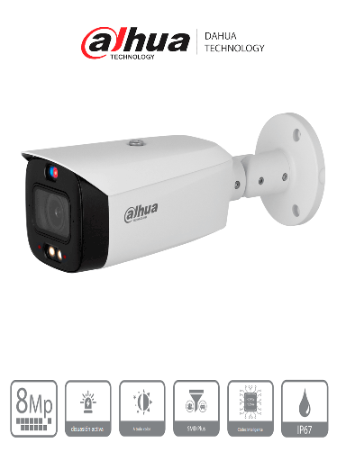 [DHT0030171] DAHUA DH-IPC-HFW3849T1-AS-PV - Camara IP Bullet TiOC 4k/ 8 Megapixeles/ WizSense/ 2.8mm/ Iluminador Dual/ 30 Metros de Luz Visible e IR/ Sirena y Estrobo con Luz Roja y Azul/ SMD 4.0/  Microfono Integrado/ Ranura MicroSD/ PoE/ #LoNuevo