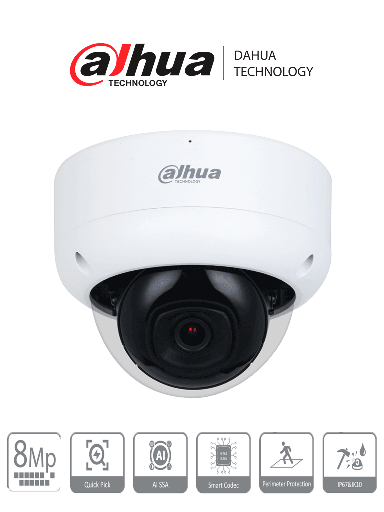 [DHT0040094] DAHUA DH-IPC-HDBW3841E-AS-S2 - Camara IP Domo Antivandalica 4k/ 8 Megapixeles/ WizSense/  Lente de 2.8 mm/ 107 Grados de Apertura/ SMD 4.0/ AI SSA/ Ranura MicroSD/ PoE/ IP67/ IK10/ #LoNuevo