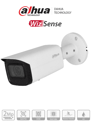 [DHT0030125] DAHUA IPC-HFW3241T-ZAS-S2 - Camara IP Bullet de 2 Megapixeles/ WizSense/ Lente Motorizado de 2.7 a 13 mm/ IR   de 60 Metros/ Micrófono Integrado/ IA/ SMD 4.0/ AI SSA/ QuickPick/ E&S de Alarma y Audio/ IP67/ PoE/ Ranura para Micro SD/ #LoNuevo