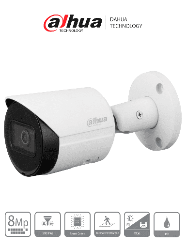 [DHT0030147] DAHUA DH-IPC-HFW2841S-S - Cámara IP Bullet 4k/ 8 Megapíxeles/ Lente de 2.8 mm/ 105 Grados de Apertura/ H.265+/ IR de 30 Mts/ Metálica/ WDR Real de 120 dB/ IP67/ Video analíticos con IVS/ Ranura para MicroSD/ PoE/ #LoNuevo